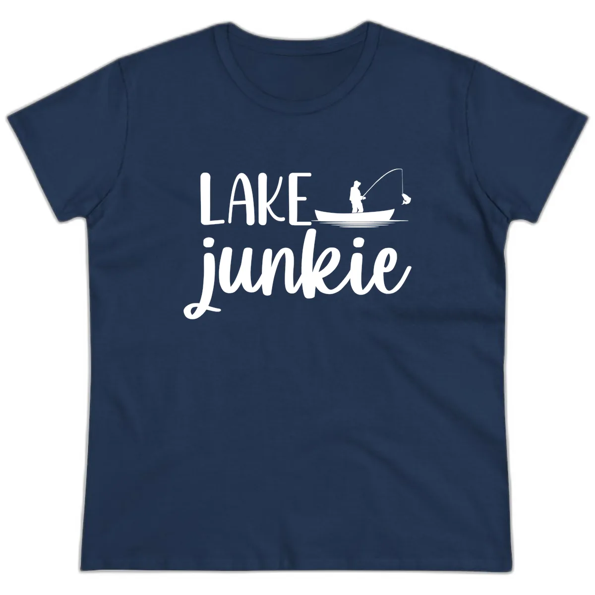 Lake Junkie Fishing Lifestyle Design Ladies Tee in Navy