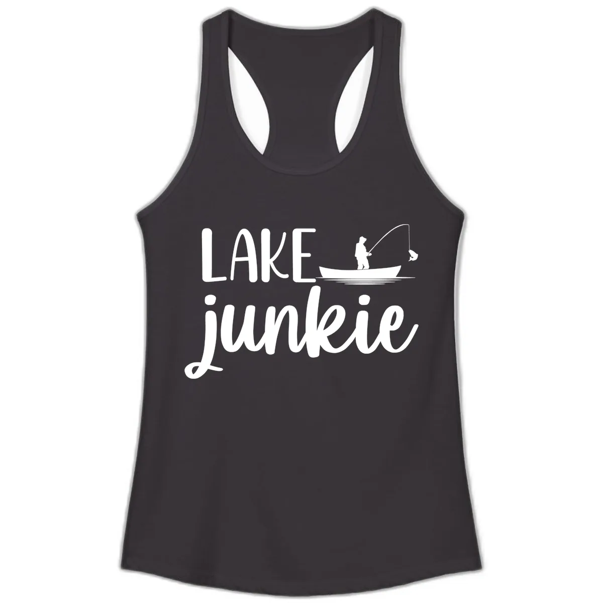 Lake Junkie Fishing Lifestyle Design Ladies Tank in Black