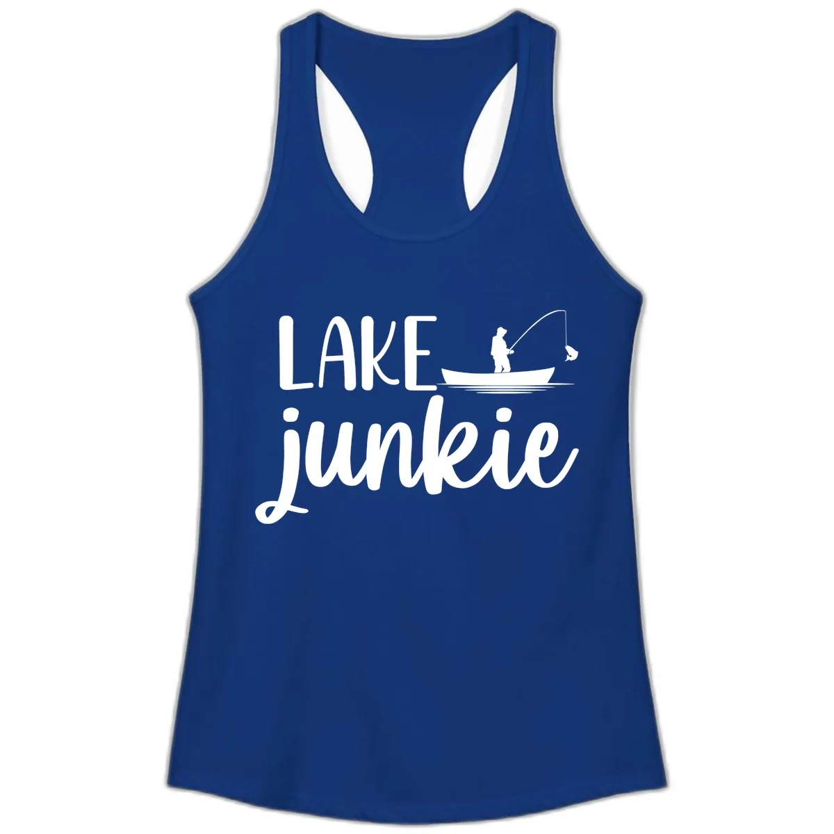 Lake Junkie Fishing Lifestyle Design Ladies Tank in Solid Royal