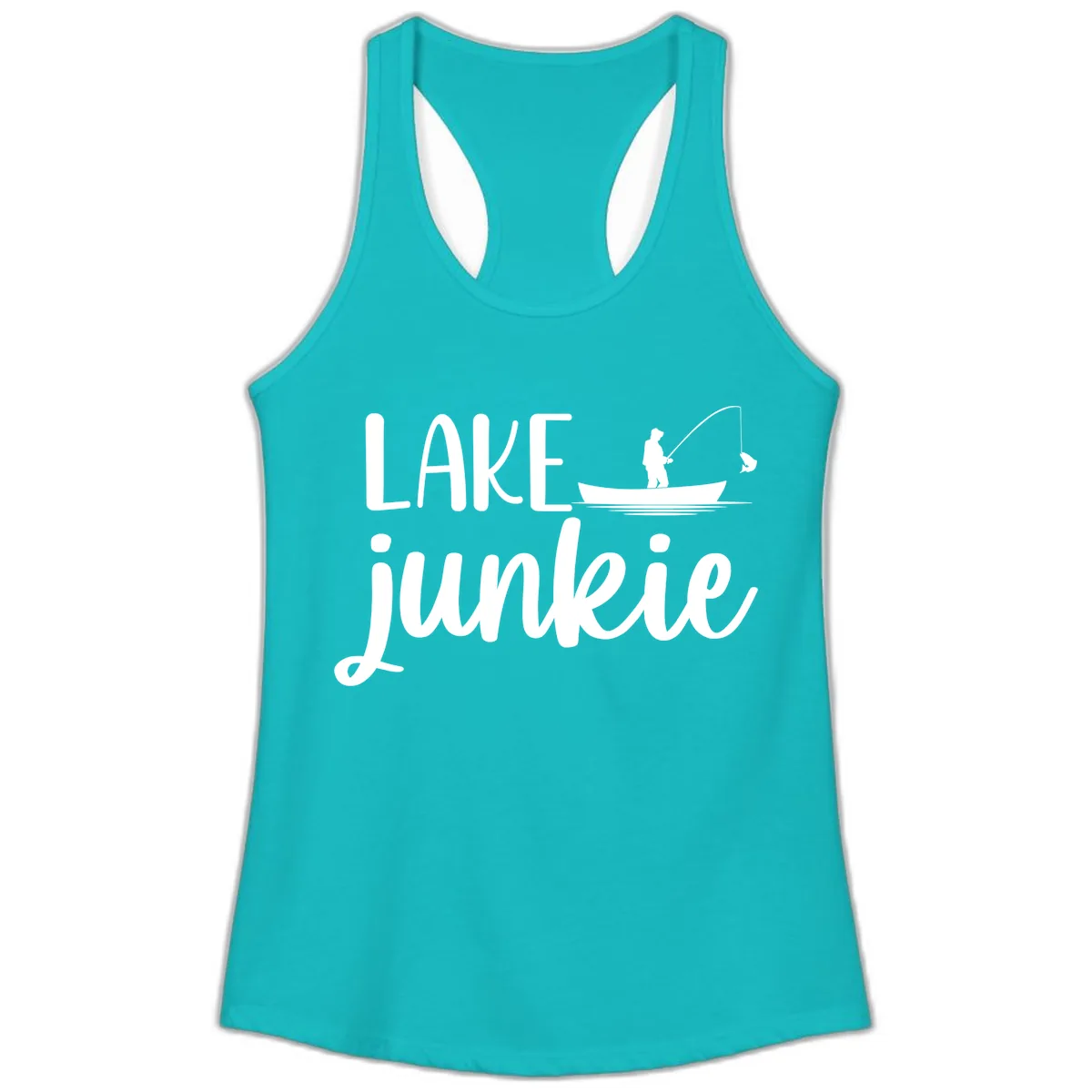 Lake Junkie Fishing Lifestyle Design Ladies Tank in Tahiti Blue