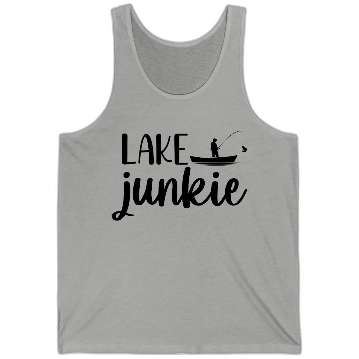 Lake Junkie Fishing Lifestyle Design Tank in Athletic Heather