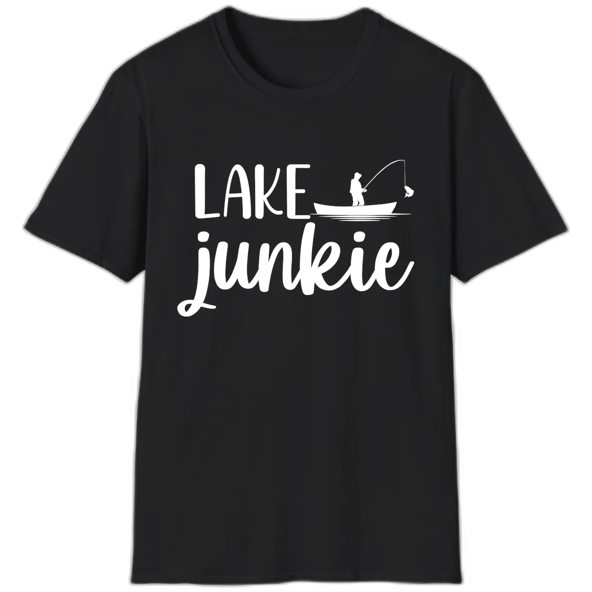 Lake Junkie Fishing Lifestyle Design T-Shirt in Black