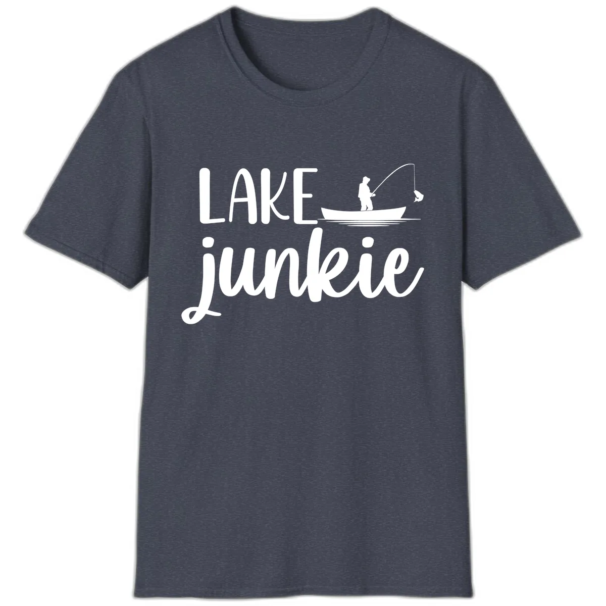 Lake Junkie Fishing Lifestyle Design T-Shirt in Heather Navy