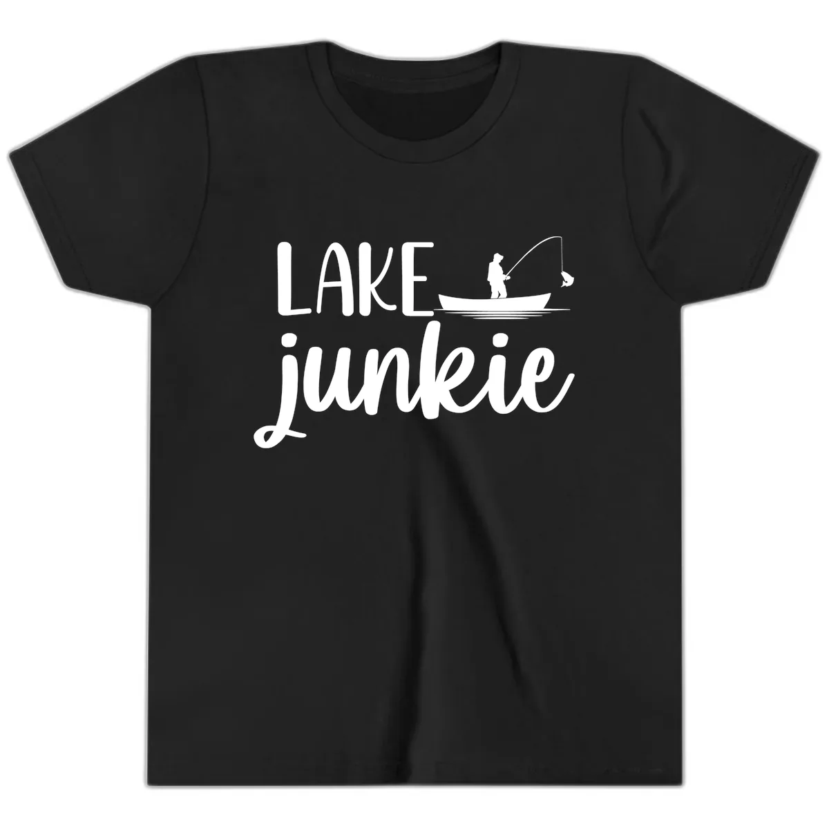 Lake Junkie Fishing Lifestyle Design Youth T-Shirt in Black