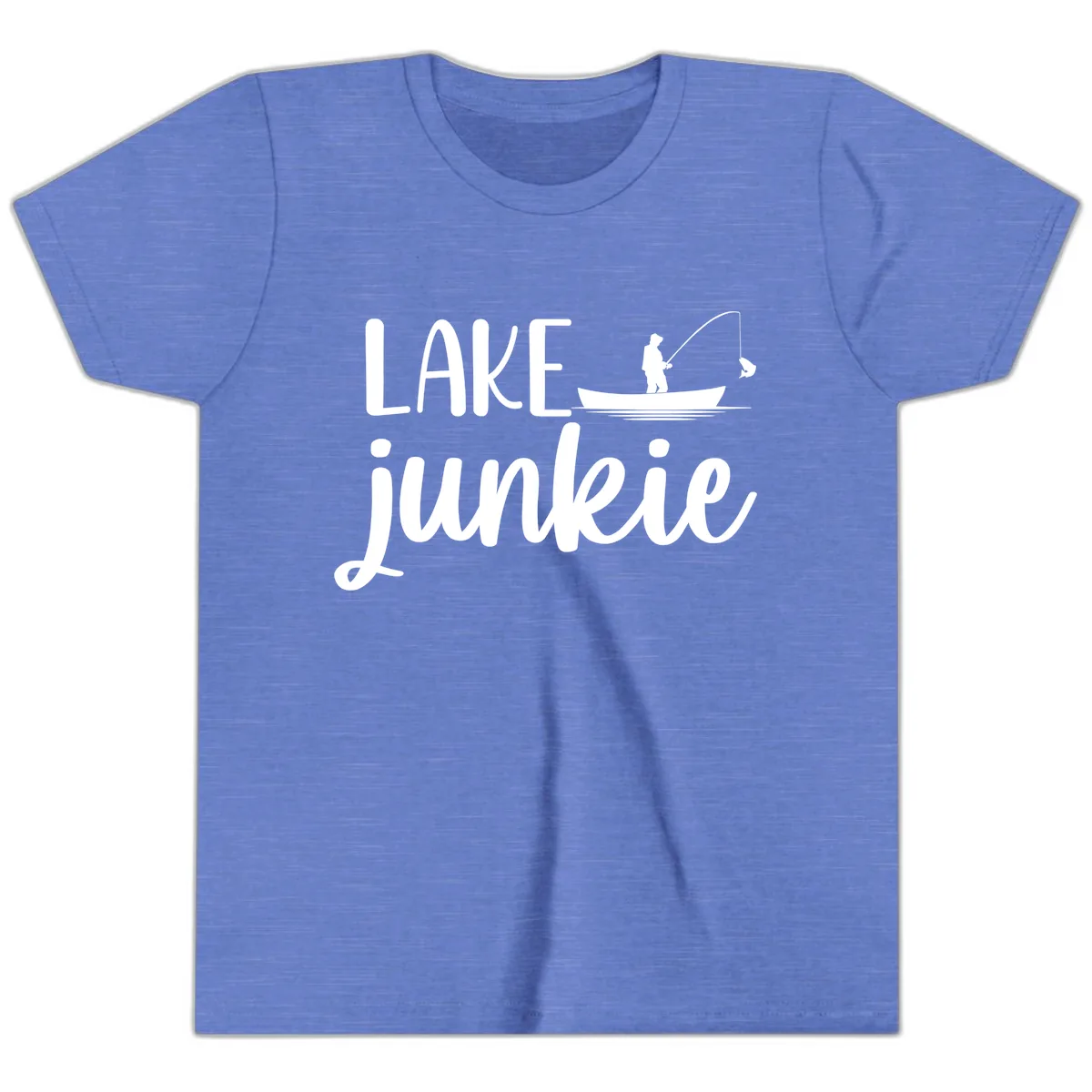 Lake Junkie Fishing Lifestyle Design Youth T-Shirt in Heather Columbia Blue