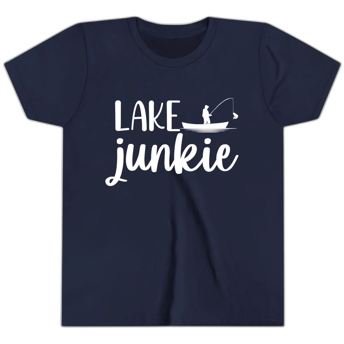 Lake Junkie Fishing Lifestyle Design Youth T-Shirt in Navy