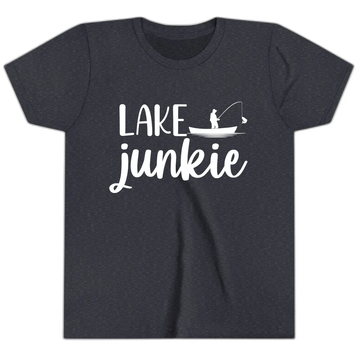 Lake Junkie Fishing Lifestyle Design Youth T-Shirt in Heather Navy