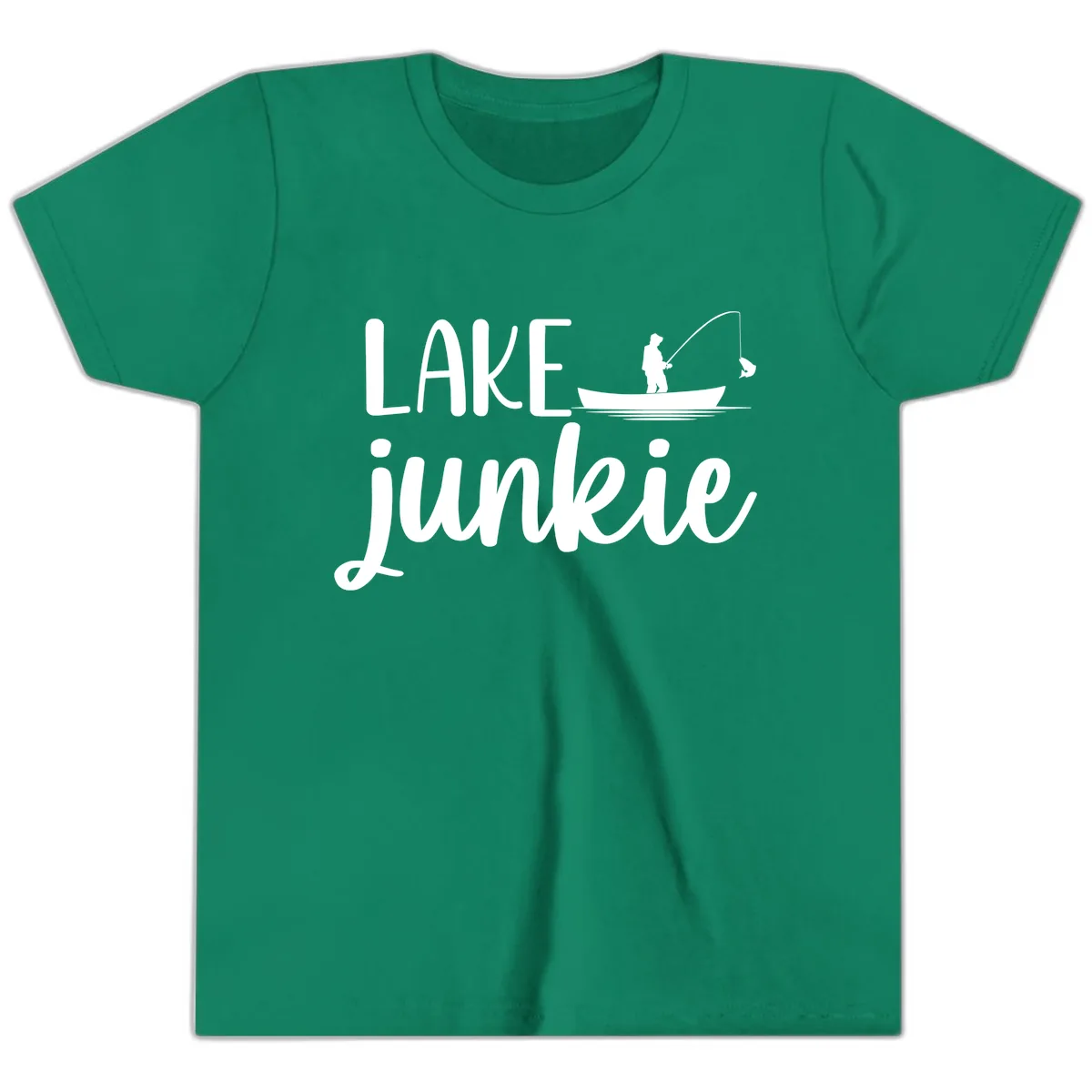 Lake Junkie Fishing Lifestyle Design Youth T-Shirt in Kelly