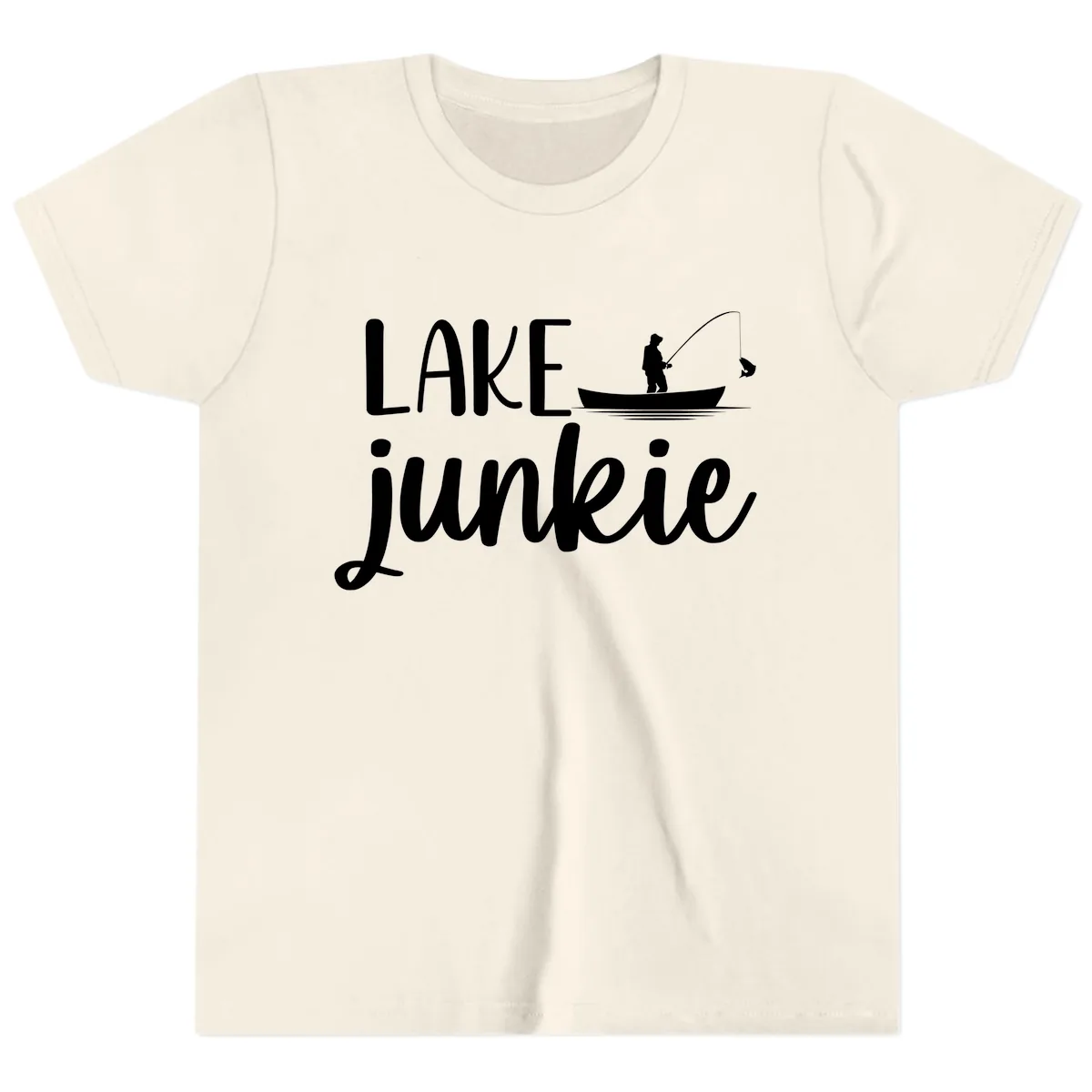 Lake Junkie Fishing Lifestyle Design Youth T-Shirt in Natural