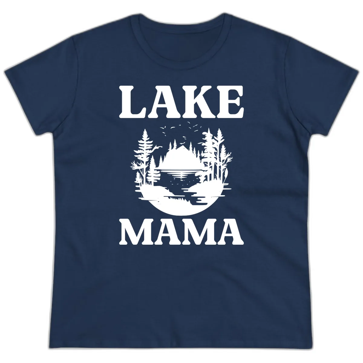 Lake Mama Nature Scene Ladies Tee in Navy