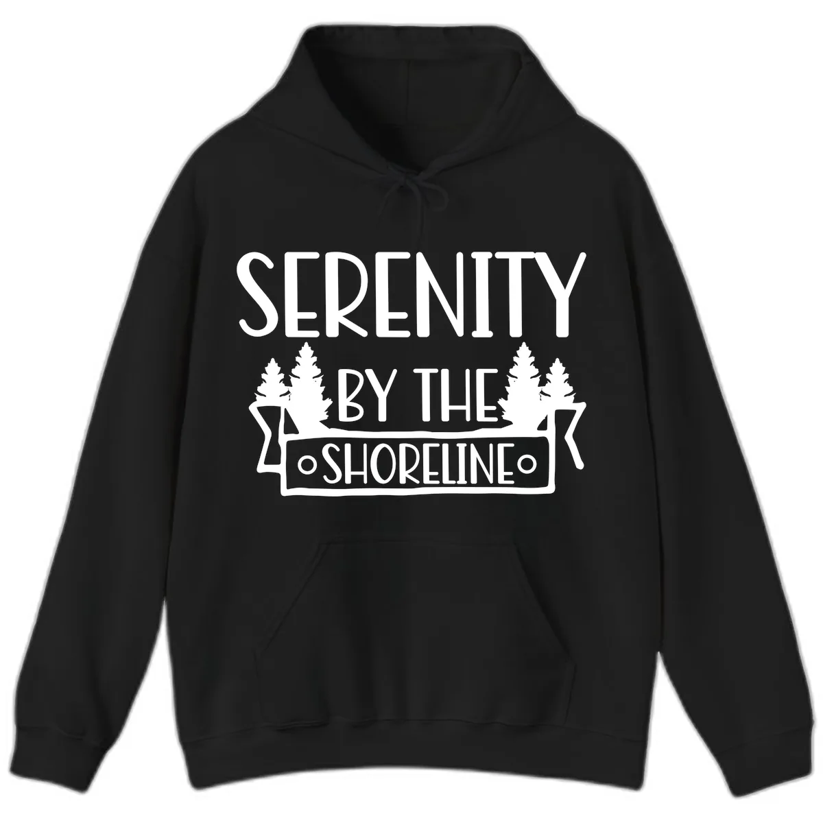 Serenity By The Shoreline Lake Design Hoodie in Black