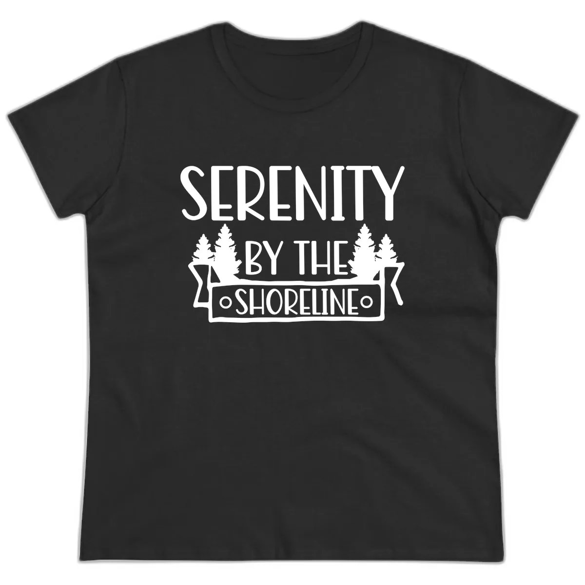 Serenity By The Shoreline Lake Design Ladies Tee in Black