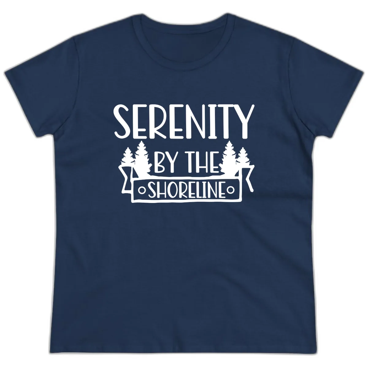 Serenity By The Shoreline Lake Design Ladies Tee in Navy