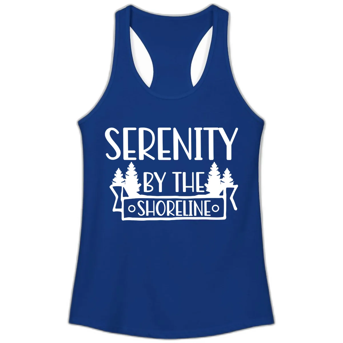 Serenity By The Shoreline Lake Design Ladies Tank in Solid Royal