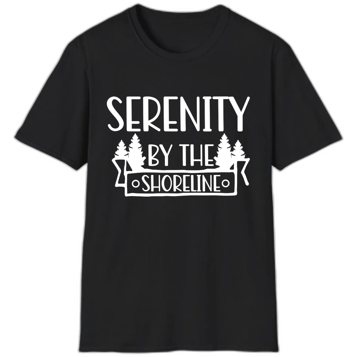 Serenity By The Shoreline Lake Design T-Shirt in Black