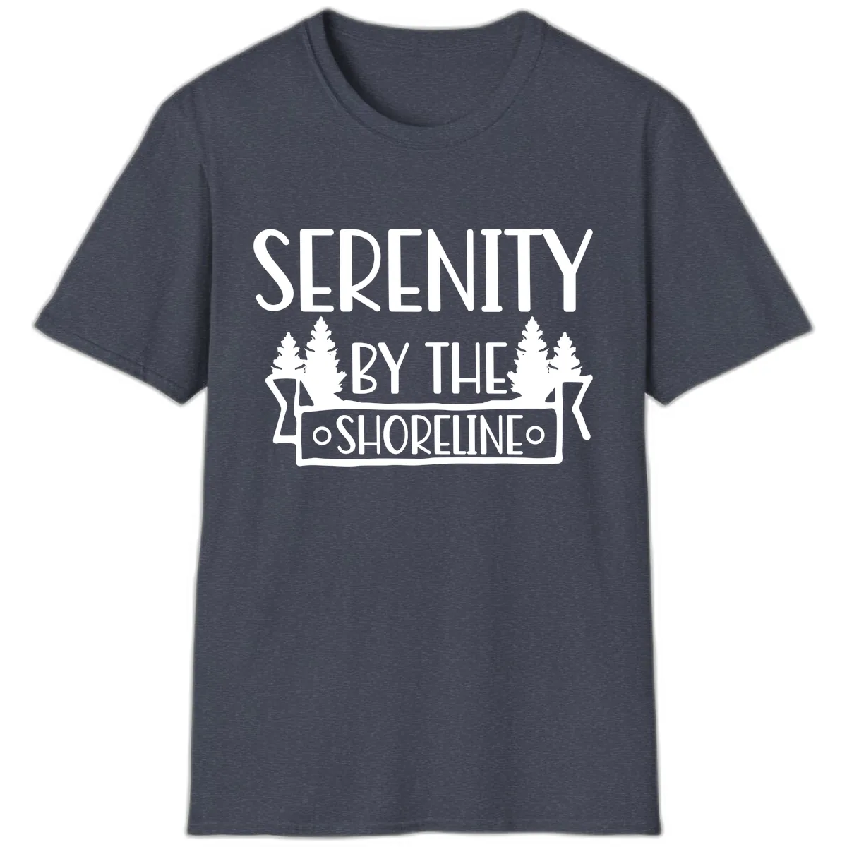 Serenity By The Shoreline Lake Design T-Shirt in Heather Navy