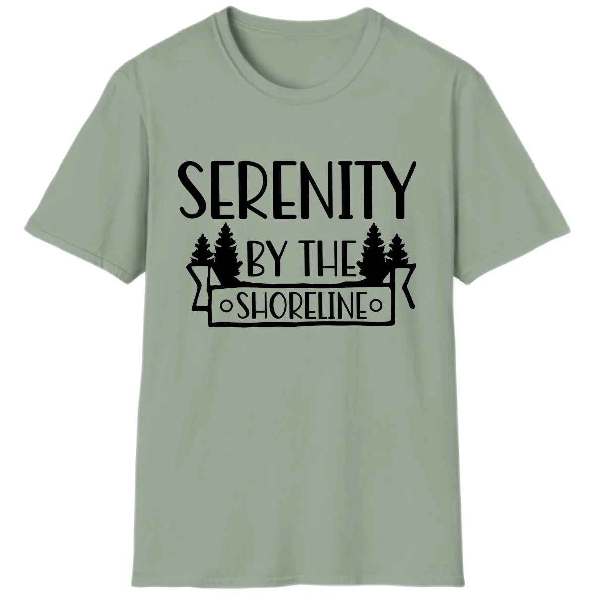 Serenity By The Shoreline Lake Design T-Shirt in Sage