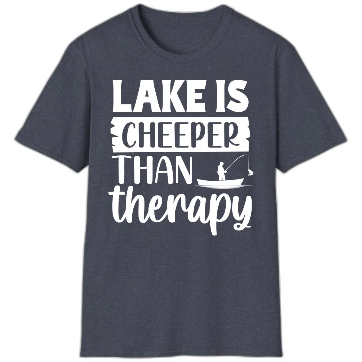 Lake is Cheaper Than Therapy Design T-Shirt in Heather Navy