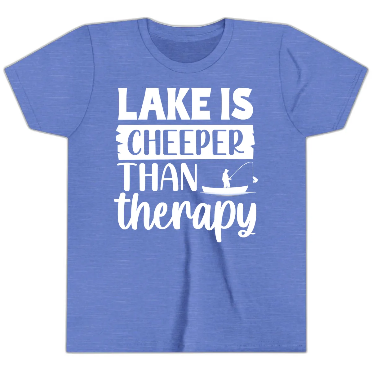Lake is Cheaper Than Therapy Design Youth T-Shirt in Heather Columbia Blue