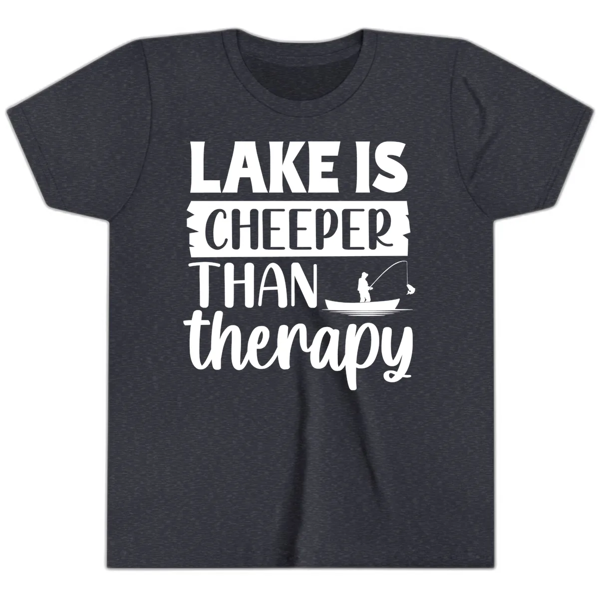 Lake is Cheaper Than Therapy Design Youth T-Shirt in Heather Navy