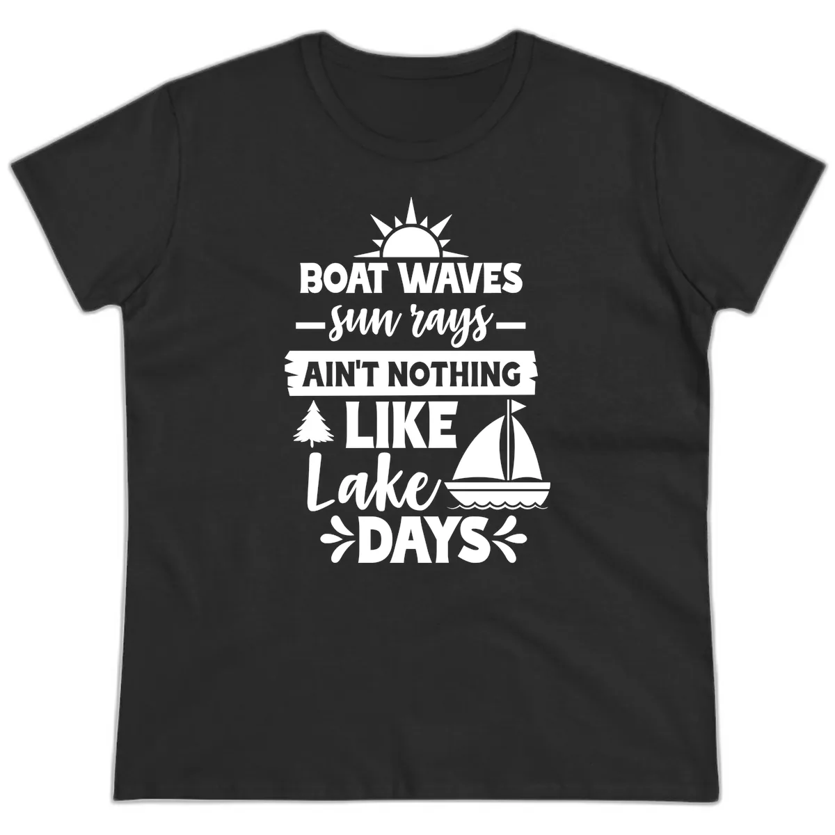 Boat Waves Sun Rays Lake Days Ladies Tee in Black