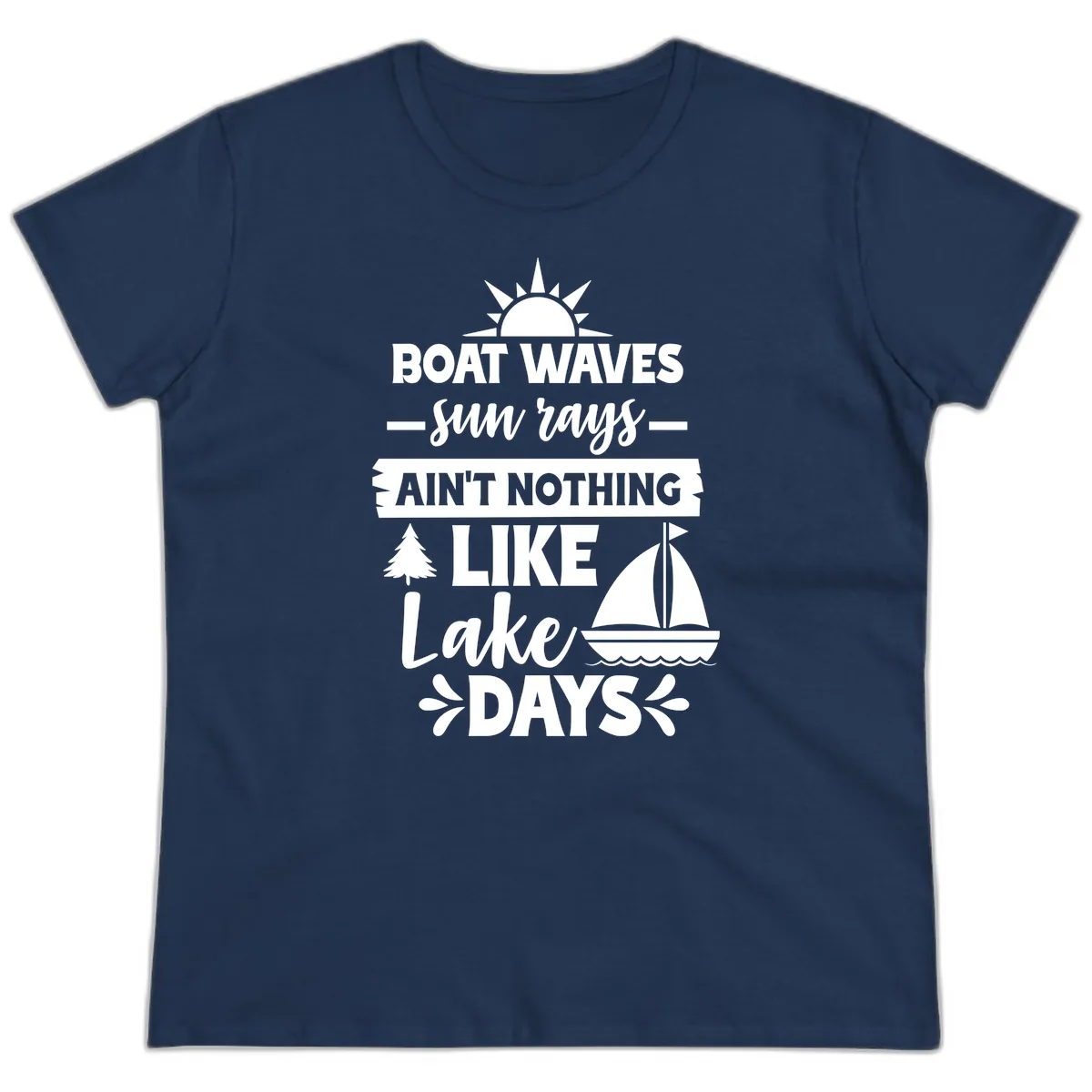 Boat Waves Sun Rays Lake Days Ladies Tee in Navy
