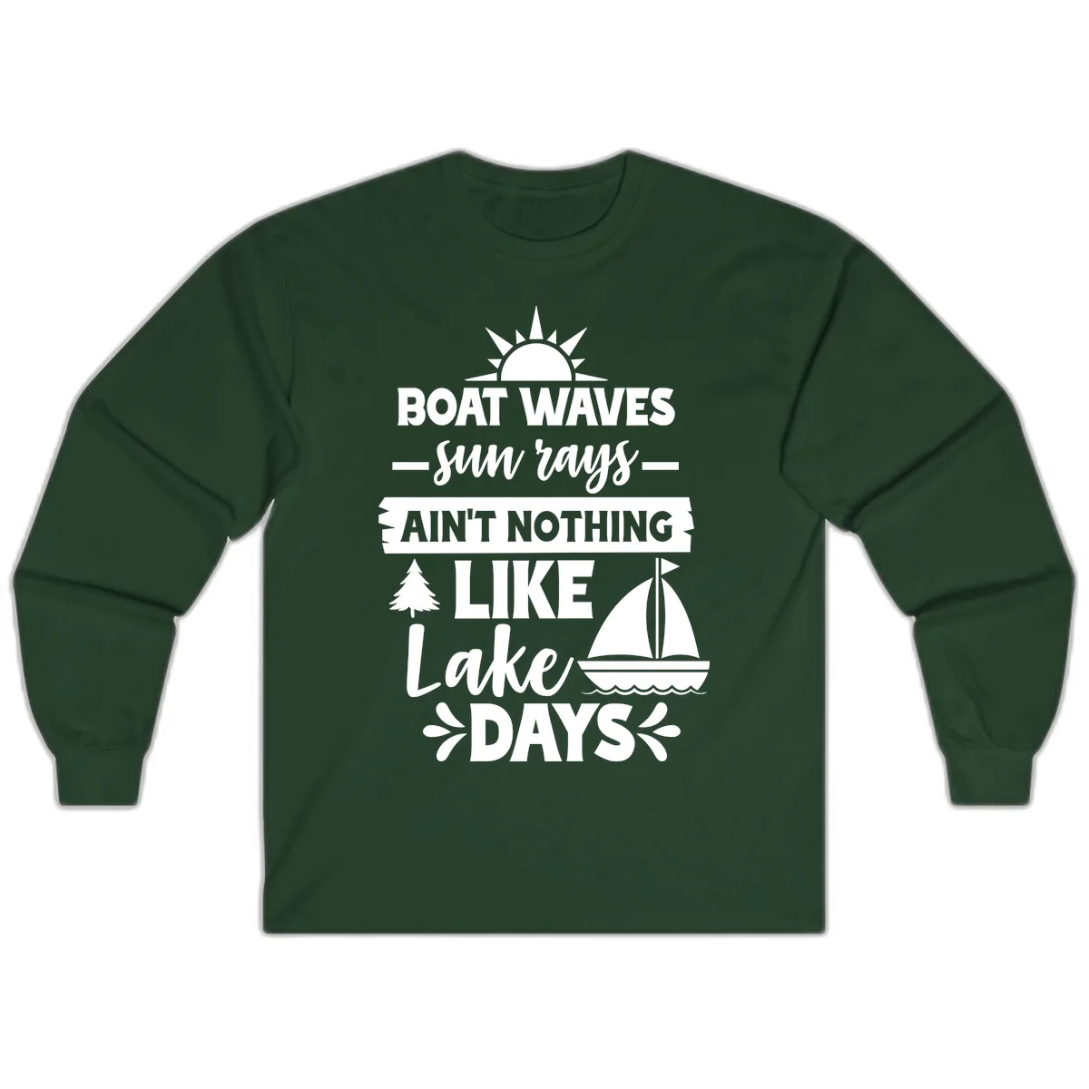 Boat Waves Sun Rays Lake Days Long Sleeve in Forest Green