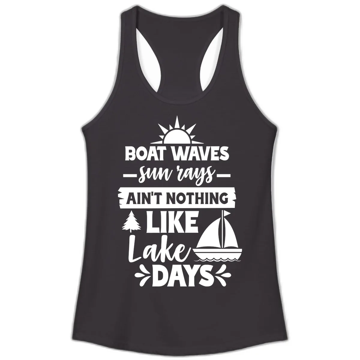 Boat Waves Sun Rays Lake Days Ladies Tank in Black