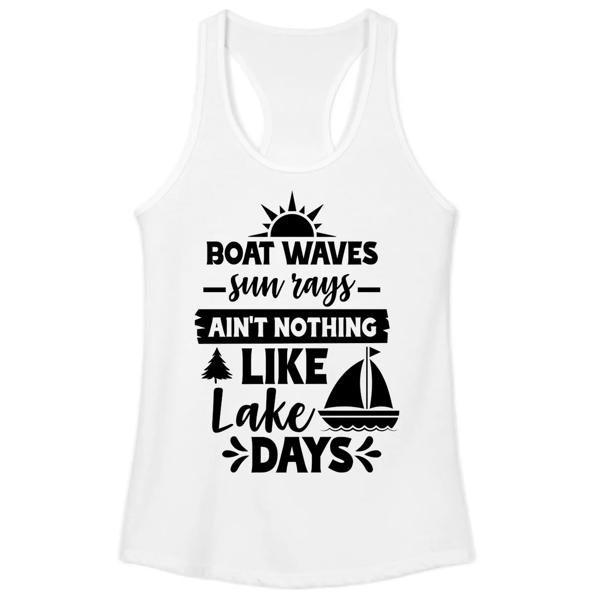 Boat Waves Sun Rays Lake Days Ladies Tank in White