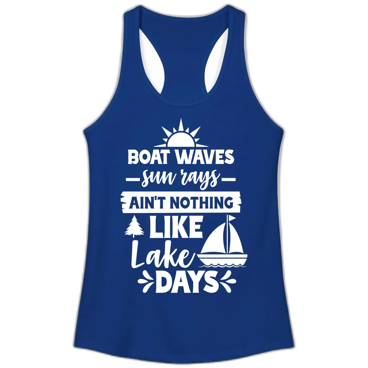 Boat Waves Sun Rays Lake Days Ladies Tank in Solid Royal