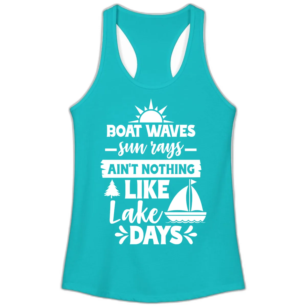 Boat Waves Sun Rays Lake Days Ladies Tank in Tahiti Blue