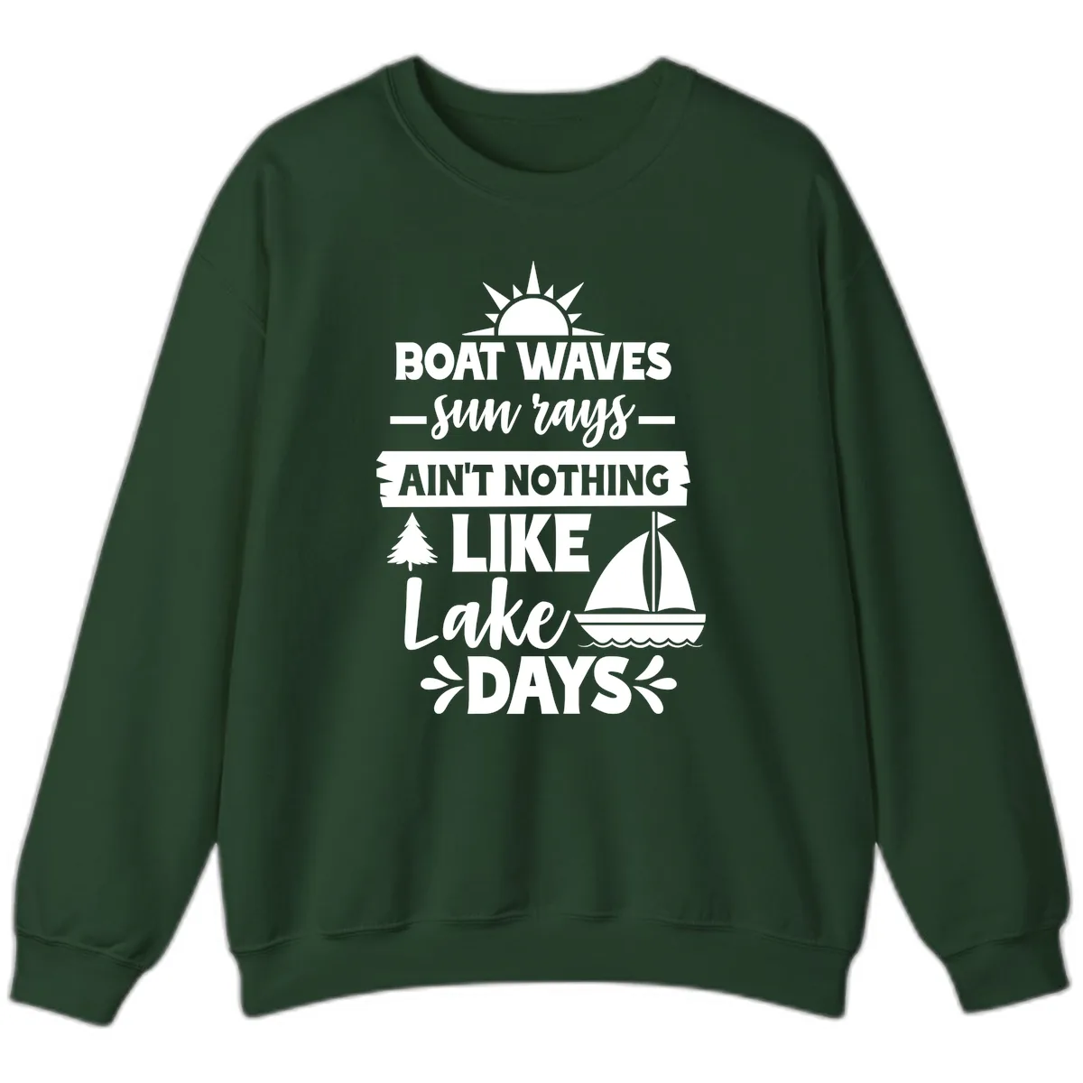 Boat Waves Sun Rays Lake Days Sweatshirt in Forest Green