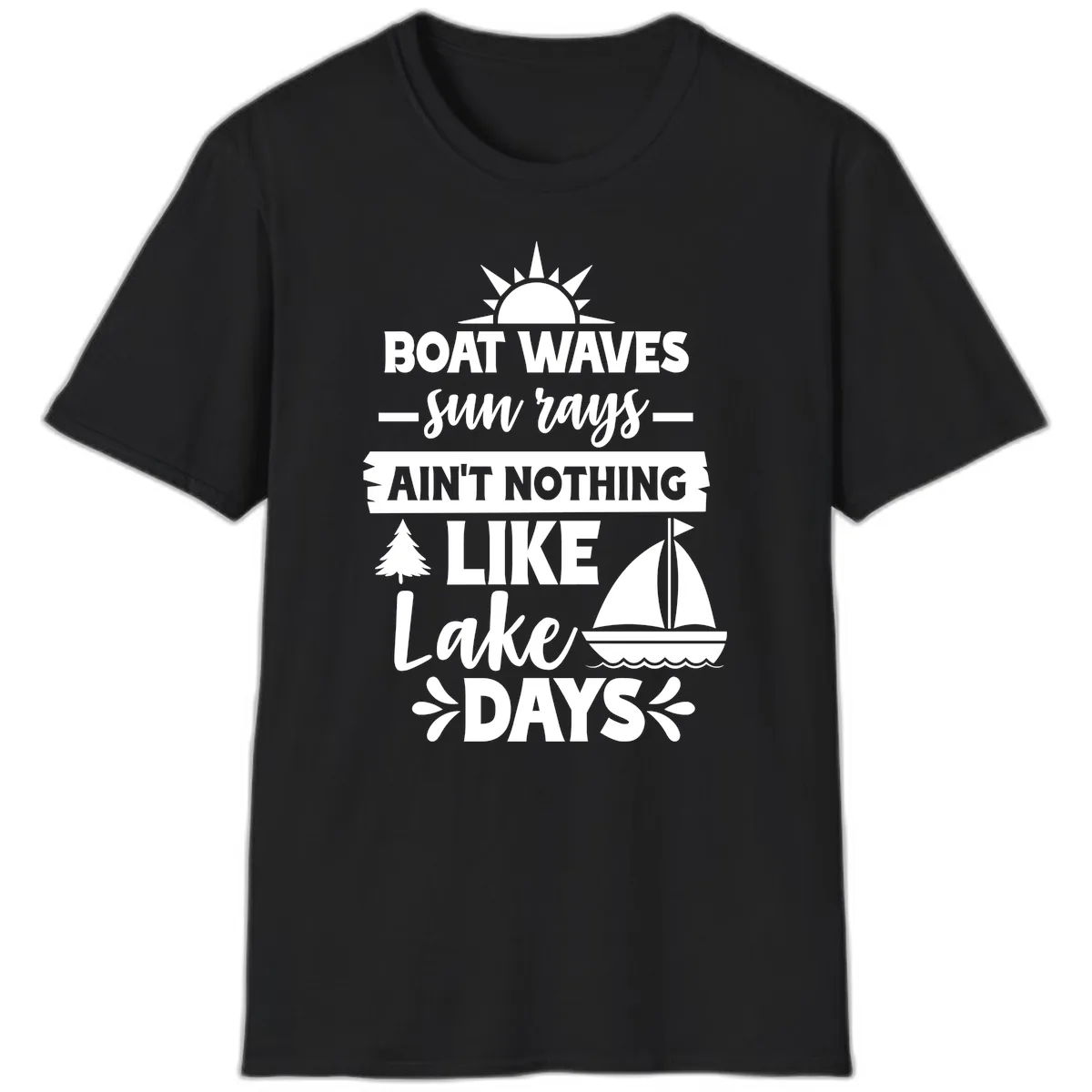 Boat Waves Sun Rays Lake Days T-Shirt in Black