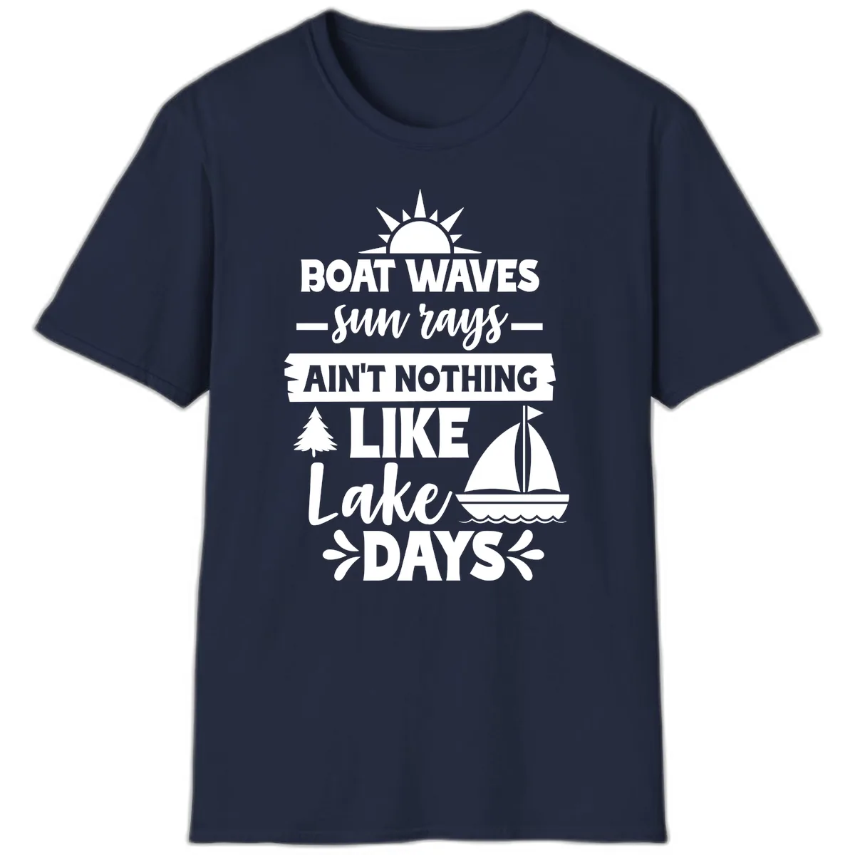 Boat Waves Sun Rays Lake Days T-Shirt in Navy