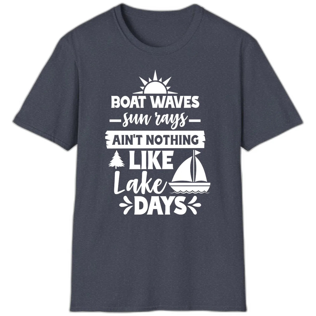 Boat Waves Sun Rays Lake Days T-Shirt in Heather Navy