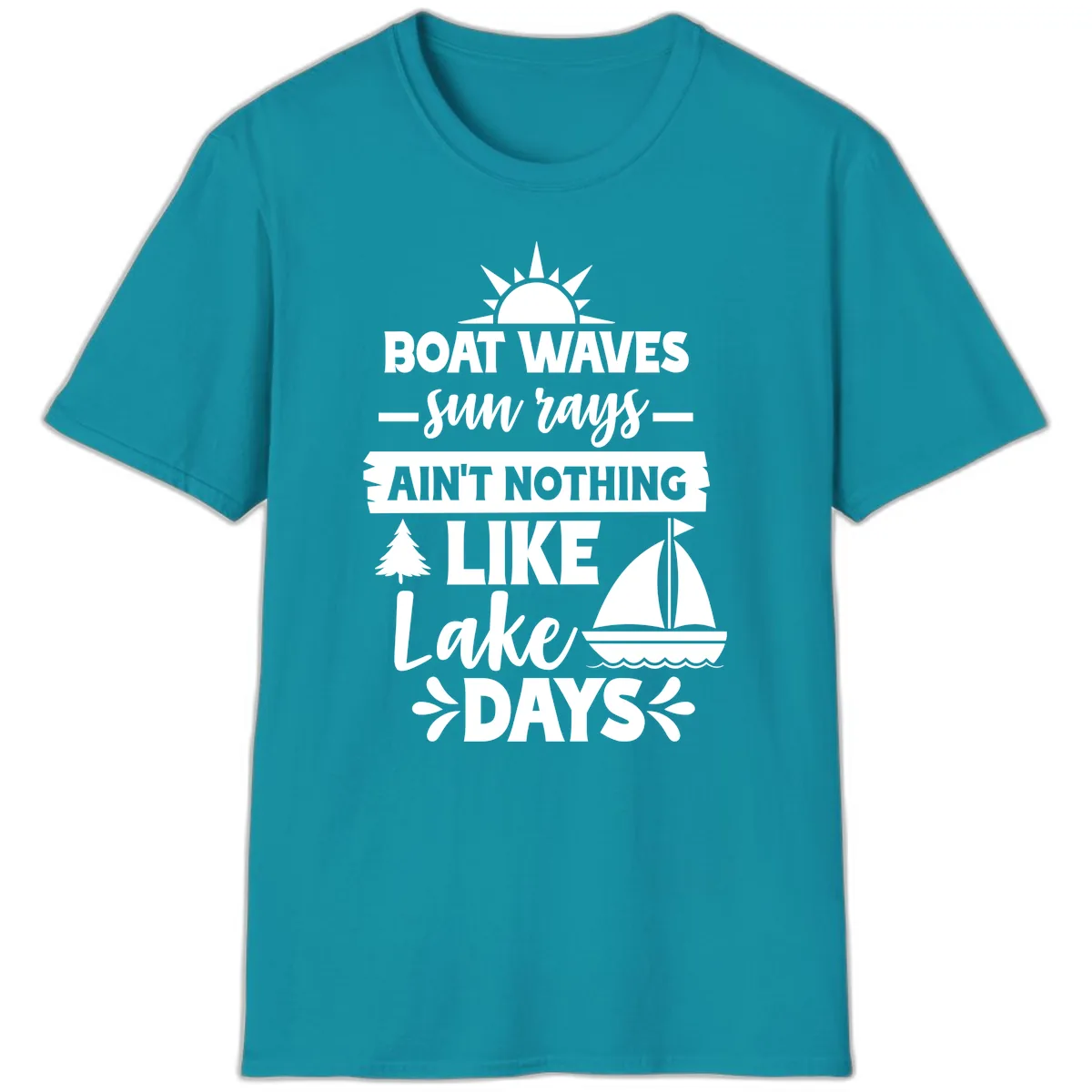 Boat Waves Sun Rays Lake Days T-Shirt in Tropical Blue