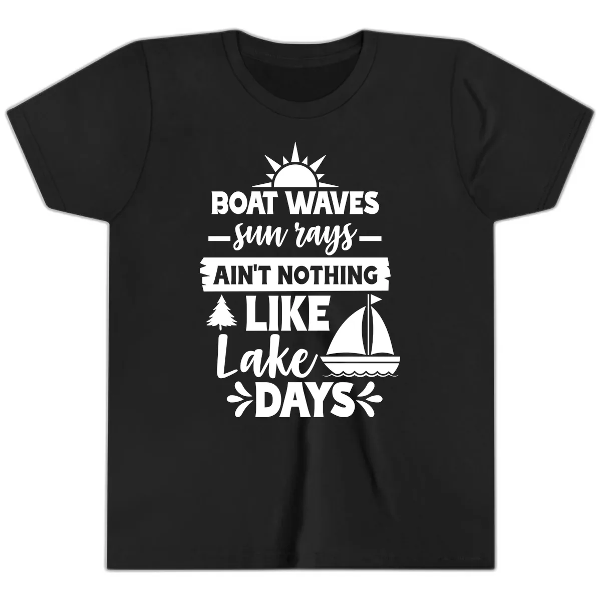 Boat Waves Sun Rays Lake Days Youth T-Shirt in Black