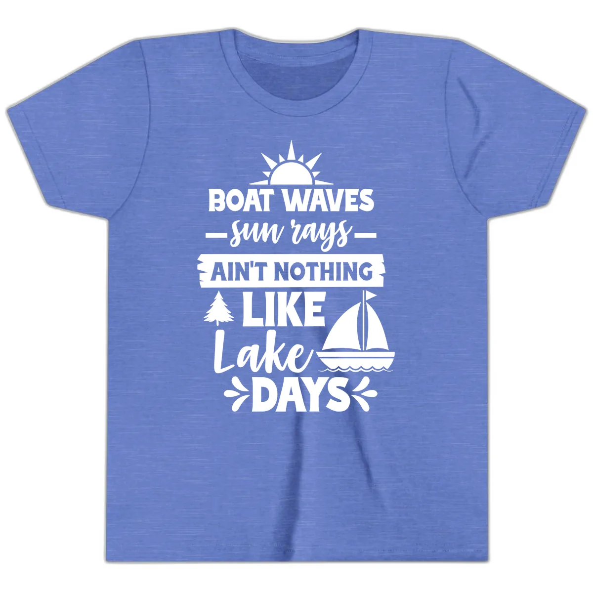 Boat Waves Sun Rays Lake Days Youth T-Shirt in Heather Columbia Blue