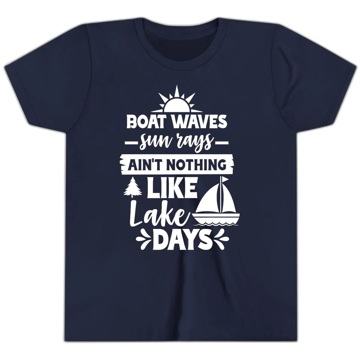 Boat Waves Sun Rays Lake Days Youth T-Shirt in Navy