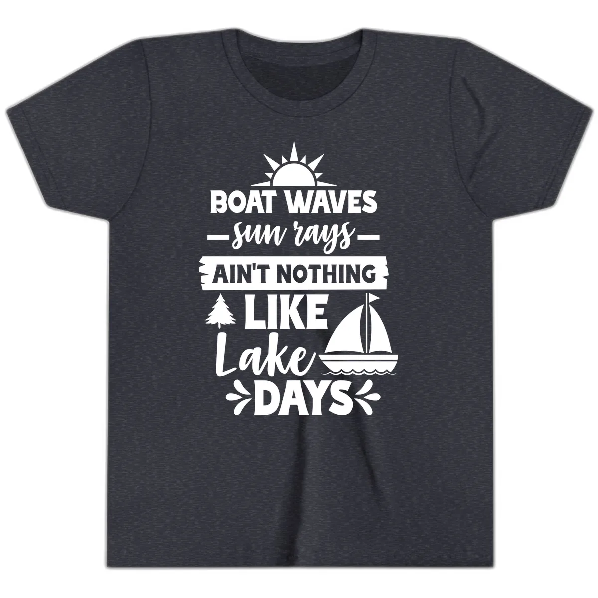 Boat Waves Sun Rays Lake Days Youth T-Shirt in Heather Navy