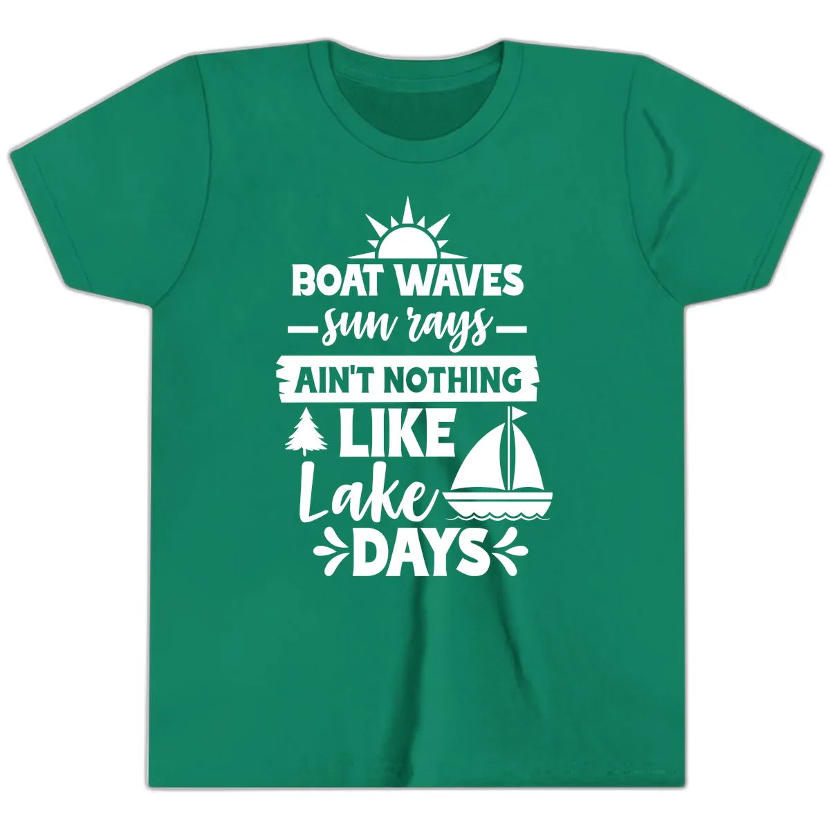 Boat Waves Sun Rays Lake Days Youth T-Shirt in Kelly