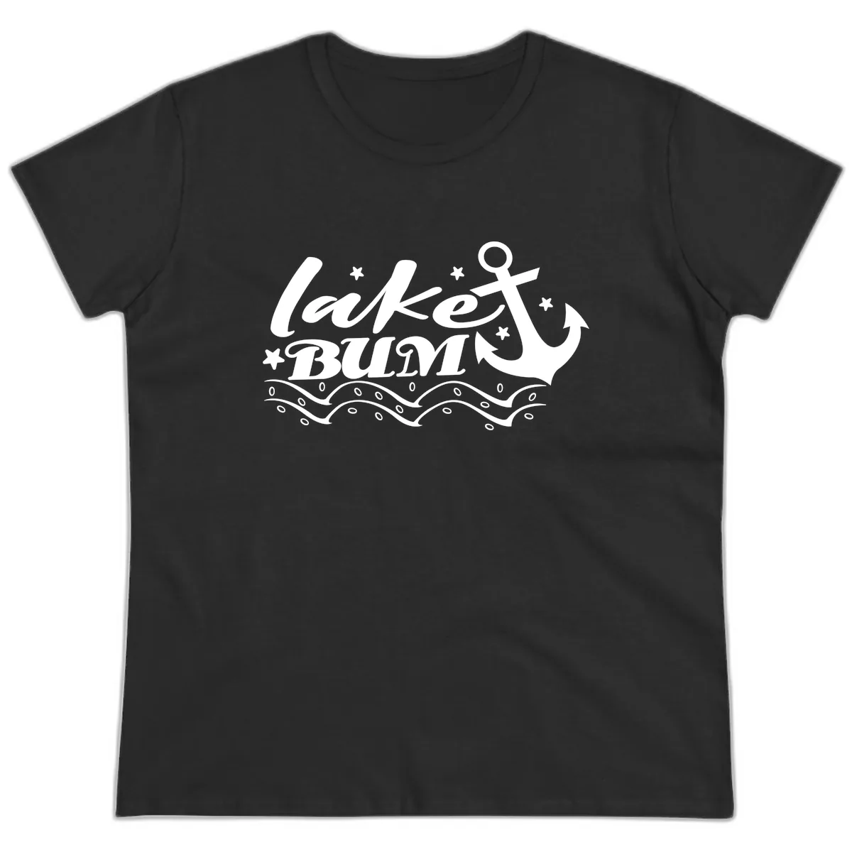 Lake Bum Anchor and Waves Design Ladies Tee in Black