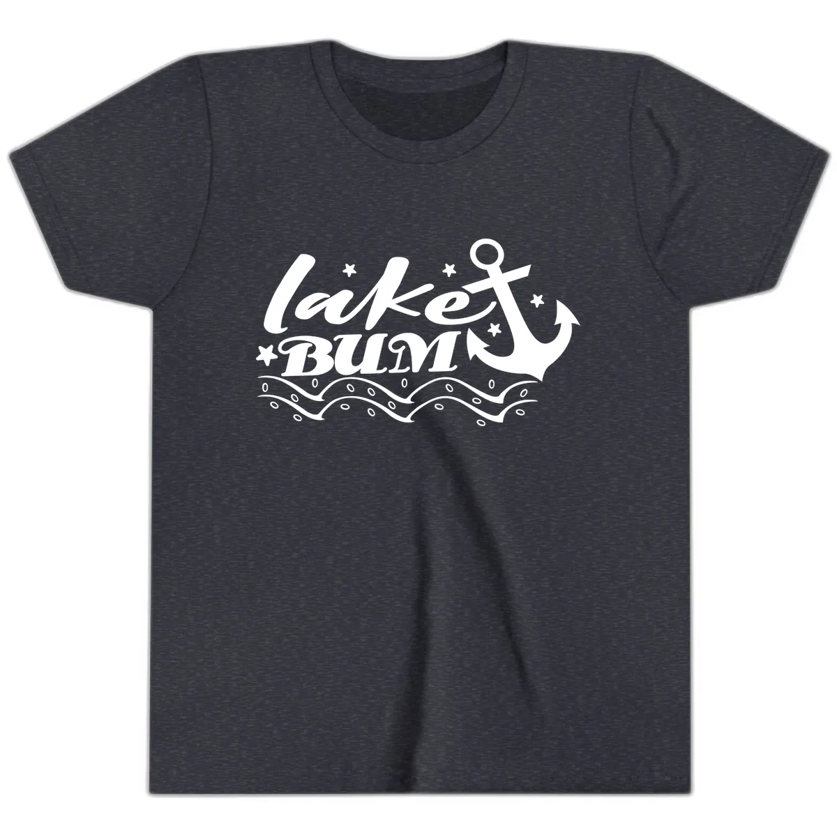 Lake Bum Anchor and Waves Design Youth T-Shirt in Heather Navy