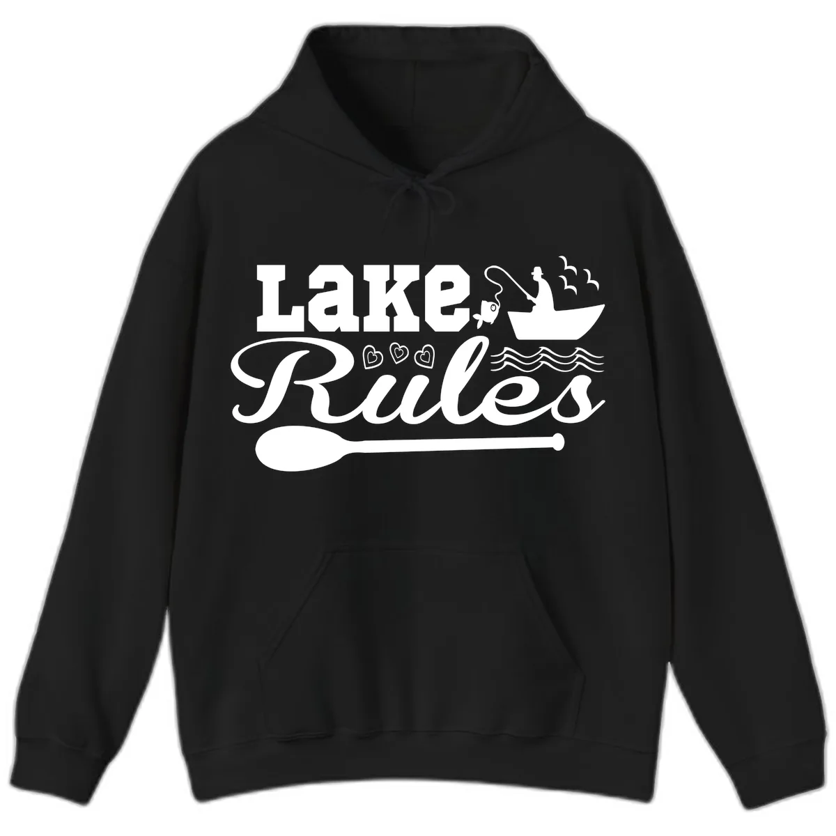 Lake Rules Boat Fishing Design Hoodie in Black