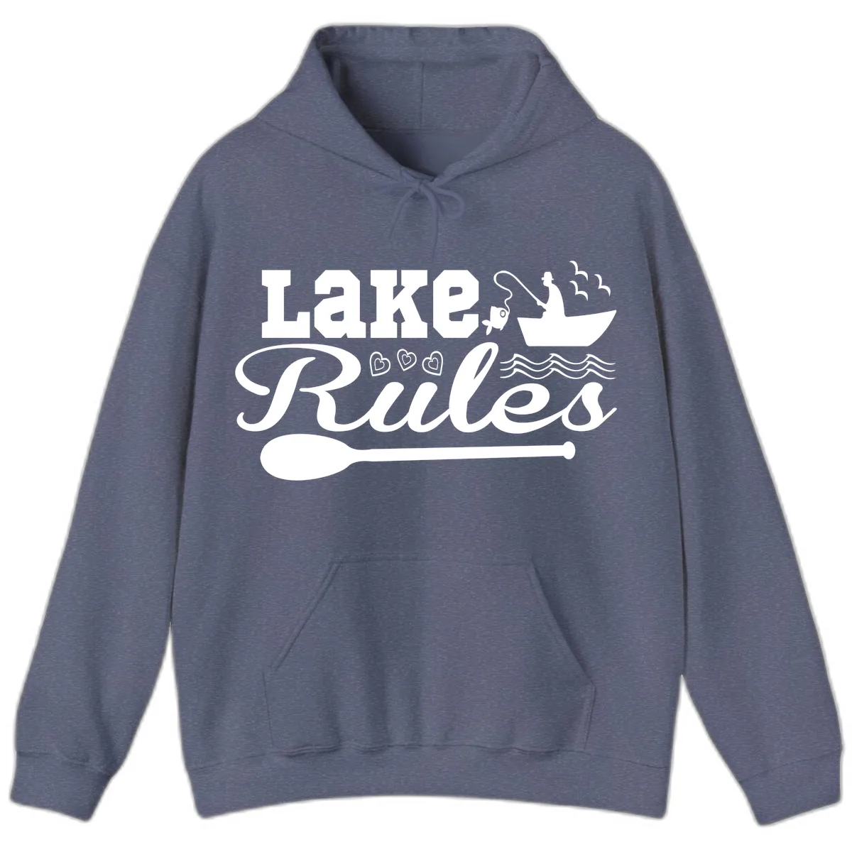 Lake Rules Boat Fishing Design Hoodie in Heather Navy