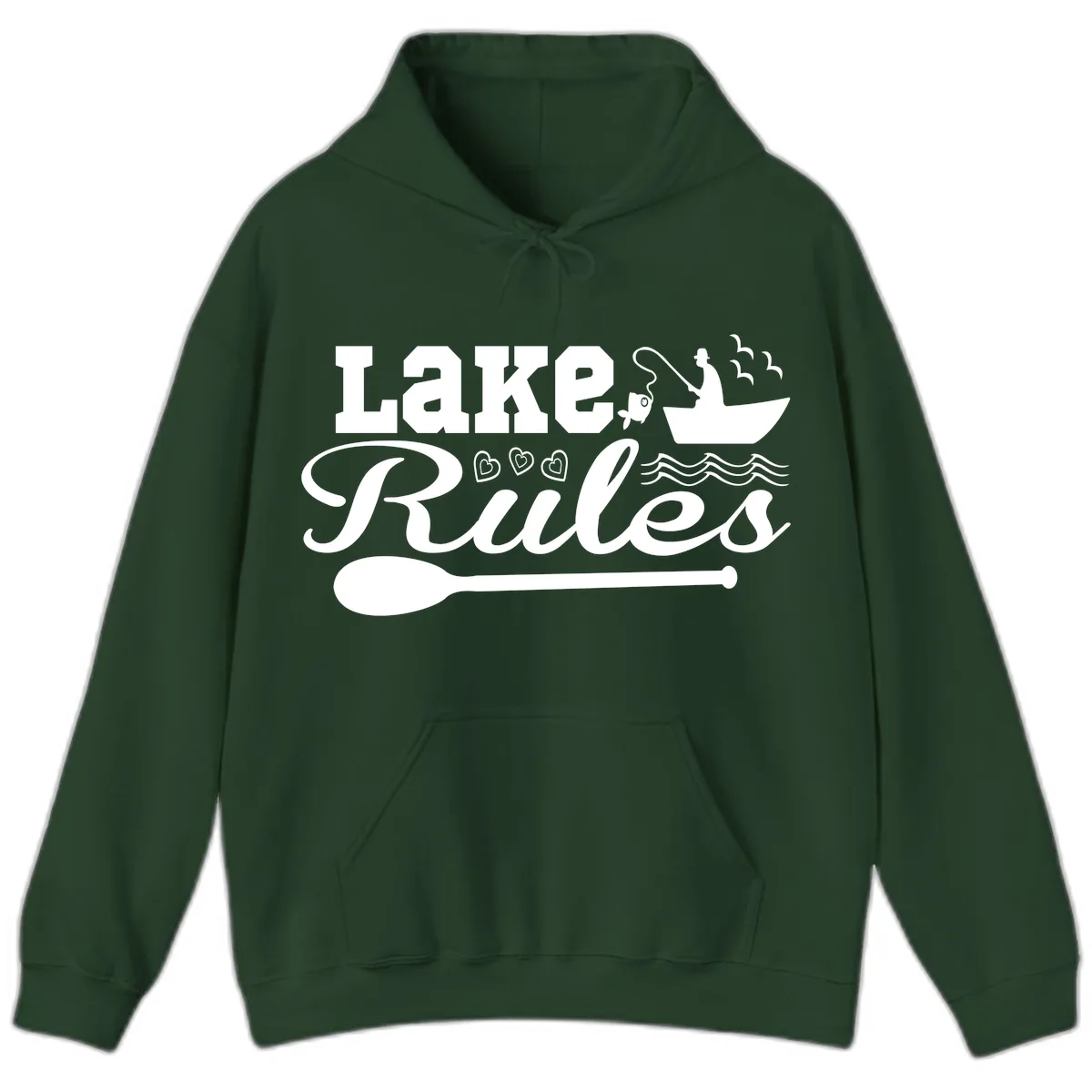 Lake Rules Boat Fishing Design Hoodie in Forest Green