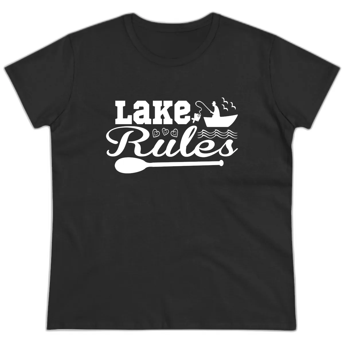 Lake Rules Boat Fishing Design Ladies Tee in Black
