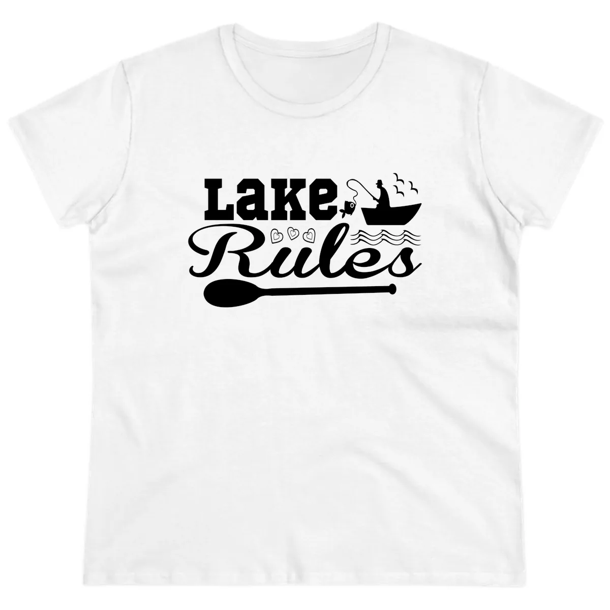 Lake Rules Boat Fishing Design Ladies Tee in White