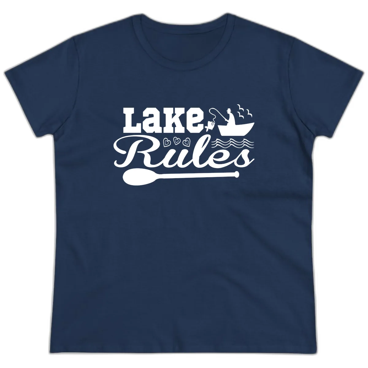 Lake Rules Boat Fishing Design Ladies Tee in Navy