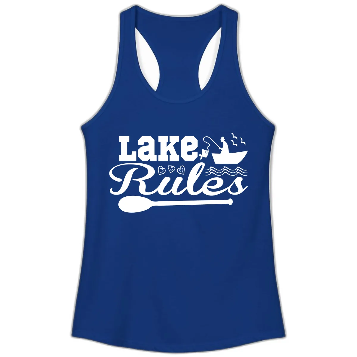 Lake Rules Boat Fishing Design Ladies Tank in Solid Royal